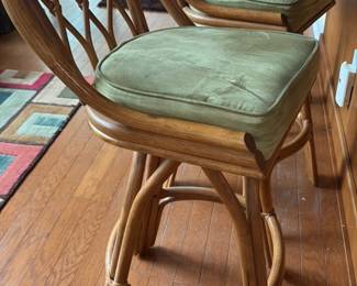 Vintage Rattan Swivel Bar Stools with Green Upholstery
