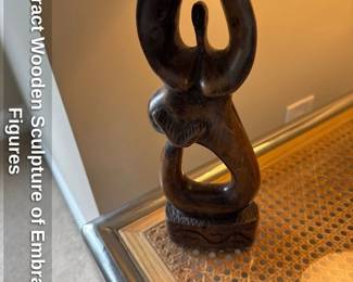 Abstract Wooden Sculpture of Embracing Figures