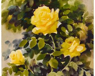 3003
Fu Shangyuan
(b. 1933)
"Yellow Roses Under the Sun," 1983
Watercolor on wove paper
With Chinese characters in red ink and a red ink chopmark, presumably the artist's name, in the lower left corner; with Chinese characters and dated 83.6 in red ink on the verso; titled by repute
Image/Sheet: 15" H x 13.125" W
Estimate: $600 - $800