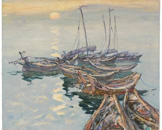 3102
Zhang Chongqing
(b. 1931)
"Sailboats," 1988
Oil on canvas
Signed in Chinese and dated 1988·2, lower left; dated again and inscribed in Chinese characters, verso
24" H x 28.75" W
Estimate: $1,500 - $2,000
