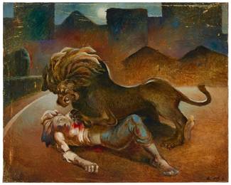 3121
Zhou Hongzhi
(b. 1954)
"Attack on China"
Oil on canvas
Signed in Chinese and dated 1989.9, lower right; titled by repute
24" H x 30.25" W
Estimate: $600 - $800