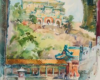 3053
Hua Yiyu
(1922-2005)
"Sea of Wisdom Temple"
Watercolor and traces of graphite on paper
Signed in Chinese lower left; titled in pencil, in another hand, on a label strung to the frame's hanging wire
Sight: 18.25" H x 14" W
Estimate: $1,000 - $1,500