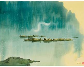 3098
Zhang Kerang
(b. 1937)
"Goodnight," 1989
Watercolor on paper
Stamped with a red ink chopmark, presumably the artist's name, and dated 1989., lower right; titled by repute
Sheet: 15" H x 20.75" W
Estimate: $600 - $800