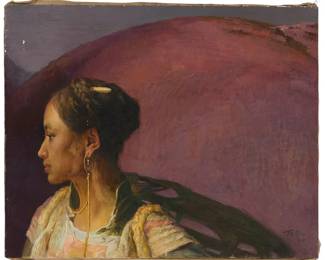3020
Qu Baiping
(b. 1945)
"The Earring," 1990
Oil on linen
Signed in Chinese and dated 90, lower right; titled by repute
21" H x 25.875" W
Estimate: $500 - $700