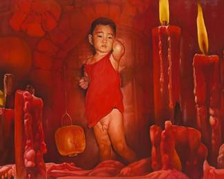 3130
Cheng Yuan
(b. 1952)
"Son with Candles," 1990
Oil on canvas
Signed in Chinese and English, and dated, lower left: Cheng Yuan / Feb. 1990; titled by repute
49.25" H x 86.75" W
Estimate: $700 - $900