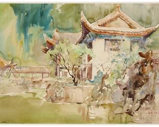 3069
Liu Fenglan
(b. 1944)
"Dahua Temple in Kunming," 1986
Watercolor on wove paper with a white paper-tape margin added all around, presumably as issued
With Chinese characters in brown ink at lower right, possibly including the artist's name; numbered 3 and with Chinese characters as well as the artist's name in English: Liu Fang Lan, all in blue ink on the verso, possibly in another hand; titled by repute
Image/Sheet: 14.125" H x 19" W; Overall:14.625" H x 19.5" W
Estimate: $1,000 - $1,500