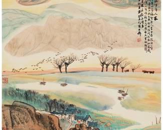 3181
Fang Shaowu
(b. 1935)
"Small Village by the Mountain"
Watercolor and ink on laid Japanese paper
Various inscriptions in Chinese, possibly with the artist's signature in black ink, and with a red ink chopmark, all along the upper portion of the right edge; two other red ink chopmarks along the lower portion of the left edge
Image/Sheet: 26.75" H x 26.75" W
Estimate: $2,000 - $3,000