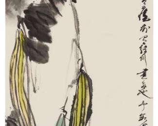 3177
Chang Ran
(b. 1950)
"A Kind of Cucumber"
Ink on laid Japanese paper
Various inscriptions in Chinese characters, possibly with the artist's signature along the right edge; four red ink chopmarks, three near the lower corners, and the other in the upper portion of the left edge; titled by repute
Sheet: 53.875" H x 13.25" W
Estimate: $2,000 - $3,000