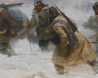3031
Zhang Li
(b. 1958)
"Wind & Snow of Chang Bai Mountain"
Oil on joined canvas
Unsigned; titled in pencil, in another hand, on a tag strung to the frame's hanging wire
40.5" H x 83" W
Estimate: $3,000 - $5,000