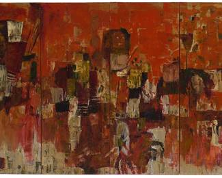 3030
Xu Jiang
(b. 1955)
"Samurai"
Oil on four attached canvases
Initialed lower right of the second canvas: X.J.; titled by repute; the verso of each canvas numbered from 1-4 and with an arrow indicating orientation for display
Each canvas: 39.25" H x 15.75" W; Overall: 39.25" H x 63.25" W
Estimate: $8,000 - $12,000
