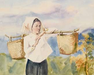 3027
Zhang Keng
(b. 1948)
"Woman Carrying Baskets"
Watercolor on paper mounted to a paper support sheet with a mint-colored fabric border
Unsigned; titled by repute
Image/Sheet: 10" H x 14.5" W; Support sheet with fabric border: 14.375" H x 19.625" W
Estimate: $400 - $600