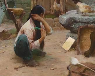 3013
Xu Yanzhou
(b. 1961)
"Combing"
Oil on canvas
Signed in Chinese characters, as well as in English, verso: "Yan Zhou Xu;" with the artist's name, "Xu Yan Zhou," and titled, both in another hand, on a label affixed to the stretcher; also inscribed "Central Academy / of Fine Art / Beijing, China" and with other Chinese characters on the verso
28" H x 30" W
Estimate: $6,000 - $8,000