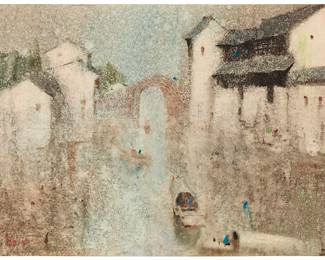 3093
Ching Xiaosun
(20th century)
"Suzhou Rainstorm," 1989
Watercolor and pastel on paper
With Chinese characters, presumably the artist's name, and dated 89.5, both lower left; with additional Chinese characters and the artist's name, Ching Xiao Sun, all written in graphite, presumably in another hand, verso; titled by repute
Sheet: 20" H x 28.75" W
Estimate: $500 - $700