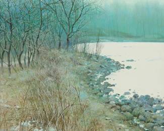3097
Li Taihuan
(b. 1955)
"River in Autumn," 1993
Oil on canvas
Chinese characters written in ballpoint ink, verso, possibly the artist's name; inscribed with the artist's name in another hand on the stretcher; titled by repute
25.75" H x 31.75" W
Estimate: $500 - $700