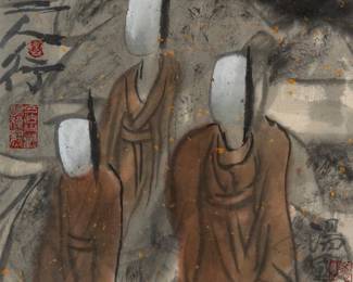 3145
Tang Guo
(b. 1955)
"Family Life"
Ink in colors with traces of metallic pigment on paper
Stamped with various red ink chopmarks, presumably the artist's name, and inscribed in Chinese characters, near the lower left and right; titled by repute
Sight: 12.5" H x 12.5" W
Estimate: $800 - $1,200