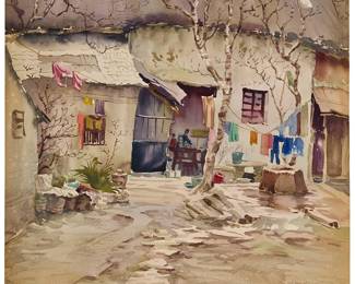 3171
Cao Daqing
(b. 1944)
"Backyard"
Watercolor on paper
Signed and inscribed in Chinese in dark brown ink, and with a red ink chopmark, all lower right; titled by repute
Image/Sheet: 32.75" H x 25" W
Estimate: $200 - $300