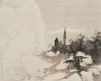 3045
Chang Jin
(b. 1951)
"Zhejiang Residence"
Ink on rice paper
Signed in Chinese in black ink and with a red ink chopmark near the center of the left edge; with another red ink chopmark, lower right; titled in pencil, in another hand, on a label strung to the frame's hanging wire
Sight: 26.5" H x 26.25" W
Estimate: $2,000 - $3,000