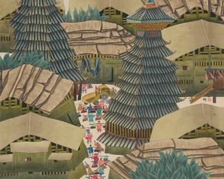 3044
Li Qiang
(b. 1965)
"Pagodas"
Ink on fabric with a printed paper border, all laid to paper, as issued
Signed in Chinese in black ink and a chopmark in red ink, both at upper right; titled in pencil on a string tag attached to the framing wire
Image: 12.625" H x 15.5" W; Sight: 17.625" H x 20.125" W
Estimate: $600 - $800