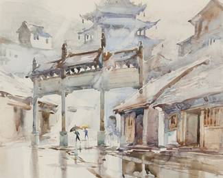 3055
Hua Yiyu
(1922-2005)
"Xiantong Temple at Wutai Mountain," 1975
Watercolor with traces of graphite on paper
Signed in Chinese and dated 1975, lower left; titled by repute
Sight: 17.125" H x 14.125" W
Estimate: $1,000 - $1,500