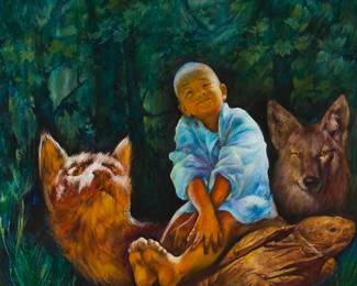 3129
Cheng Yuan
(b. 1952)
"Childhood," 1988
Oil on canvas
Signed in Chinese and English, and dated, all lower left: Cheng Yuan 1988; titled by repute
48" H x 36" W
Estimate: $600 - $800