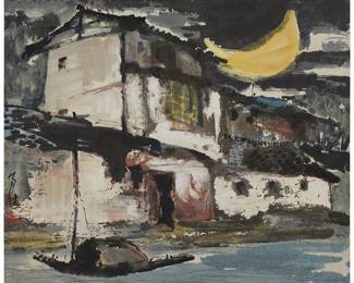 3092
Wang Naizhuang
(b. 1929)
"Moon Night"
Watercolor, Ink wash, and ink on laid Japanese paper laid to paper with a light blue fabric boarder
Signed in Chinese in black ink and with a red ink chopmark at the center of the left edge; titled by repute
Image/Sheet: 17.25" H x 20.875" W; Overall: 22.75" H x 26.75" W
Estimate: $700 - $900