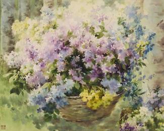 3009
Fu Shangyuan
(b. 1933)
"Wild Flowers Beside Forest"
Watercolor on paper
Inscribed with Chinese characters in red ink as well as a red ink chopmark, presumably the artist's name, in the lower left corner; titled by repute
Sight: 23" H x 30" W
Estimate: $300 - $500