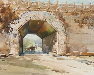 3054
Hua Yiyu
(1922-2005)
"Juyong Pass," 1973
Watercolor on paper
Signed in Chinese and dated 1973, lower left; titled in pencil, in another hand, on a label strung to the frame's hanging wire
Sight: 14.25" H x 21.5" W
Estimate: $1,500 - $2,000