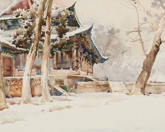 3065
Hua Yiyu
(1922-2005)
"Early Spring," 1990
Watercolor on paper
Signed in Chinese and dated 1990, lower right; titled in pencil, in another hand, on a label strung to the frame's hanging wire
Sight: 14" H x 20.75" W
Estimate: $1,000 - $1,500