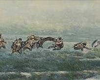 3032
Dou Peigao
(b. 1943)
"The Long March," 1987
Oil on joined canvas
Signed in Chinese and dated 1987, lower right; signed again and inscribed in Chinese characters verso; titled by repute
16" H x 79.5" W
Estimate: $20,000 - $30,000