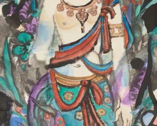 3138
Zhang Quan
(b. 1942)
"Lohan"
A scroll painting with watercolor and ink on laid Japanese paper mounted to a paper scroll with a mint-colored fabric border
Signed in black ink and with one red ink chopmark along the center of the right edge; another red ink chopmark upper left; titled by repute
Image/Sheet: 53.5" H x 26.75" W; Overall: 82.5" H x 31.625" W (approx.)
Estimate: $1,000 - $1,500