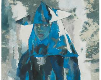 3124
An Bin
(b. 1962)
"Southerner"
Gouache on green/beige, ice dyed-type Japanese paper laid to heavier paper, as issued
Signed in ink and with the artist's red ink chopmark in the lower right corner: An Bin; titled by repute
34.875" H x 24.625" W
Estimate: $7,000 - $10,000