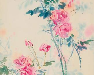 3184
Shen Huizhu
(20th century)
"Spring"
Watercolor on paper
Unsigned; stamped with the artist's red ink chopmark, lower right; titled on a label affixed to the frame's glass, lower left
Sight: 20.75" H x 21.5" W
Estimate: $600 - $800