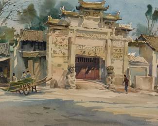 3170
Cao Daqing
(b. 1944)
"Memorial Gate"
Watercolor on paper
Signed and inscribed in Chinese in black ink, and with a red ink chopmark, all lower right; titled on a label affixed to the frame's glass
Sight: 16.75" H x 24.5" W
Estimate: $200 - $300