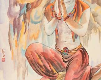 3137
Zhang Quan
(b. 1942)
"Near Nirvana"
Watercolor and ink on laid Japanese paper mounted to a paper scroll with a light blue fabric border
Signed in gold ink and with one red ink chopmark along the center of the left edge; titled by repute
Image/Sheet: 53.375" H x 26.5" W; Overall: 84.375" H x 31.375" W (approx.)
Estimate: $1,000 - $1,500
