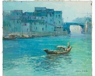 3112
Yu Kewei
(b. 1941)
"Upriver," 1990
Oil on canvas
Signed in Chinese and dated 1990/10, lower right; titled by repute
18" H x 20.875" W
Estimate: $400 - $600