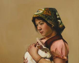 3012
He Daqiao
(b. 1961)
"Girl with Rabbit," 1986
Oil on canvas
Signed in Chinese and dated 86, lower left; titled in ink, in another hand, on a label affixed to the frame's backing paper
24" H x 20" W
Estimate: $3,000 - $5,000