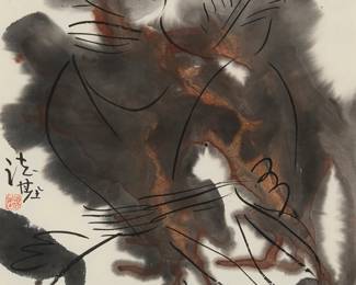 3154
Hang Faji
(b. 1946)
"Style"
Ink wash on paper
Stamped with a red ink chopmark, presumably the artist's name, and inscribed in ink in Chinese characters, at the center of the left edge; titled by repute
Sight: 17.5" H x 13.125" W
Estimate: $200 - $300