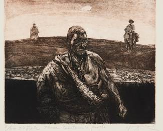 3146
Yang Jinsong
(b. 1955)
"Three Tabetian's [sic] People"
Etching in brown-black ink on laid paper
Edition: 8/20
Signed, titled, numbered, and inscribed in Chinese in pencil in the lower margin: Yang Jinsong
Plate: 9.5" H x 11.125" W; Sheet: 13.5" H x 19.5" W
Estimate: $500 - $700
