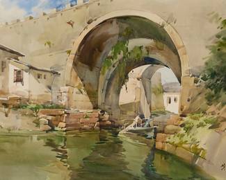 3057
Hua Yiyu
(1922-2005)
"Wumen Bridge" (Humen Bridge), 1979
Watercolor on paper
Signed in Chinese and dated 1979, in black ink, and with the red ink collaged chopmark, all in the lower right corner; titled in pencil, in another hand, on a string tag attached to the frame's hanging wire
Sight: 15" H x 20.75" W
Estimate: $1,000 - $1,500