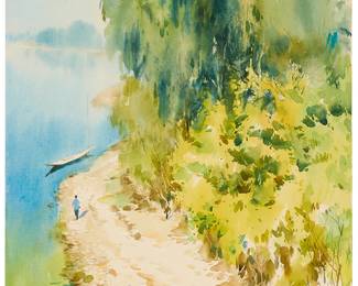 3104
Yuan Long
(b. 1936)
"Waiting," 1990
Watercolor on paper
Signed in Chinese and dated 1990.0 in black ink, and a red ink chopmark, presumably including the artist's name, all in the lower right corner; titled by repute
26.75" H x 20" W
Estimate: $700 - $900