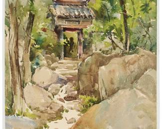 3071
Liu Fenglan
(b. 1944)
"Cherry Dale in Western Mt," 1988
Watercolor on paper
Signed in Chinese and dated 1988.6, both in red ink, lower right; inscribed in Chinese characters and the artist's name in blue ink, possibly in another hand, verso; titled by repute
Sheet: 17.5" H x 12.5" W
Estimate: $1,000 - $1,500