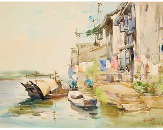 3076
Liu Fenglan
(b. 1944)
"Waiting," 1990
Watercolor with touches of graphite on wove paper
Signed in Chinese characters and dated and 1990.8, both in brown ink in the lower right corner; numbered 8 and inscribed in Chinese characters, and with a price sticker, all in blue ink on the sheet's verso, possibly in another hand; titled by repute
Image/Sheet: 14.75" H x 20.625" W
Estimate: $1,000 - $1,500