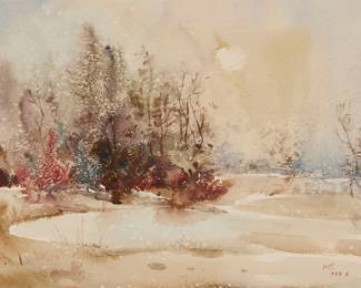 3072
Liu Fenglan
(b. 1944)
"Early Snow in Beijing Suburb," 1988
Watercolor on paper
Signed in Chinese and dated 1988.9., lower right; titled by repute
Sight: 14" H x 20" W
Estimate: $300 - $500