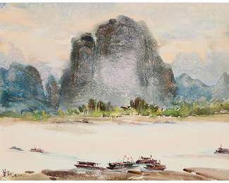 3063
Hua Yiyu
(1922-2005)
"Lijiang River," 1986
Watercolor on paper
Signed in Chinese lower left; titled and dated by repute
Sheet: 13.5" H x 17.75" W
Estimate: $1,500 - $2,000