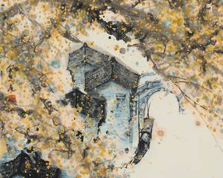 3110
Yu Kewei
(b. 1941)
"Dappled Fall"
Watercolor and ink on paper
Inscribed in Chinese in black ink, and with two red ink chopmarks, along the left edge; titled by repute
Sight: 25.5" H x 25.25" W
Estimate: $400 - $600
