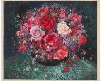 3002
Wang Xia
(b. 1936)
"Red Symmetric"
Oil on laid Japanese paper laid to Japanese laid paper
Stamped with the artist's red ink chopmark, lower right; titled by repute
Image/Sheet: 18" H x 15" W' Support Sheet: 19.25" H x 16.25" W
Estimate: $2,000 - $3,000