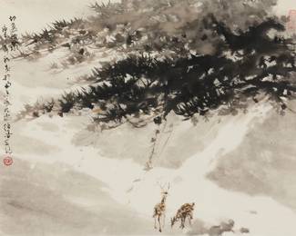 3188
Xu Shan
(b. 1946)
"Deer in Fall"
Ink on rice paper
Inscribed in Chinese in black ink, and with a red ink chopmark, presumably the artist's name, along the left edge; another red ink chopmark in the upper right corner; titled by repute
Sight: 15.5" H x 19.5" W
Estimate: $300 - $500