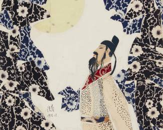 3037
Hang Faji
(b. 1946)
"Li Bai Composing a Poem in the Moonlight," 1979
Fabric collage on paper
Signed in Chinese and dated 1976·12· in black ink, near the center; titled in pencil on a label, in another hand, and on the frame's backing paper
Sight: 14.125" H x 10.125" W
Estimate: $100 - $200