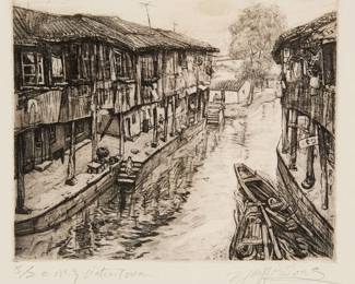 3149
Yang Jinsong
(b. 1955)
"Water Town"
Etching on wove paper
Edition: 8/20
Signed, titled, numbered, and indistinctly inscribed in pencil in the lower margin: Yang Jinsong
Plate: 6.25" H x 7.5" W; Sheet: 13.5" H x 17.75" W
Estimate: $500 - $700