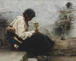 3051
Wang Kun
(b. 1958)
"Tibetan Mother," 1988
Oil on canvas
Signed and dated lower right: Wang Kun / 1988.12; titled in black ink, in another hand, on a label affixed to the frame's verso
20.25" H x 29.25" W
Estimate: $500 - $700